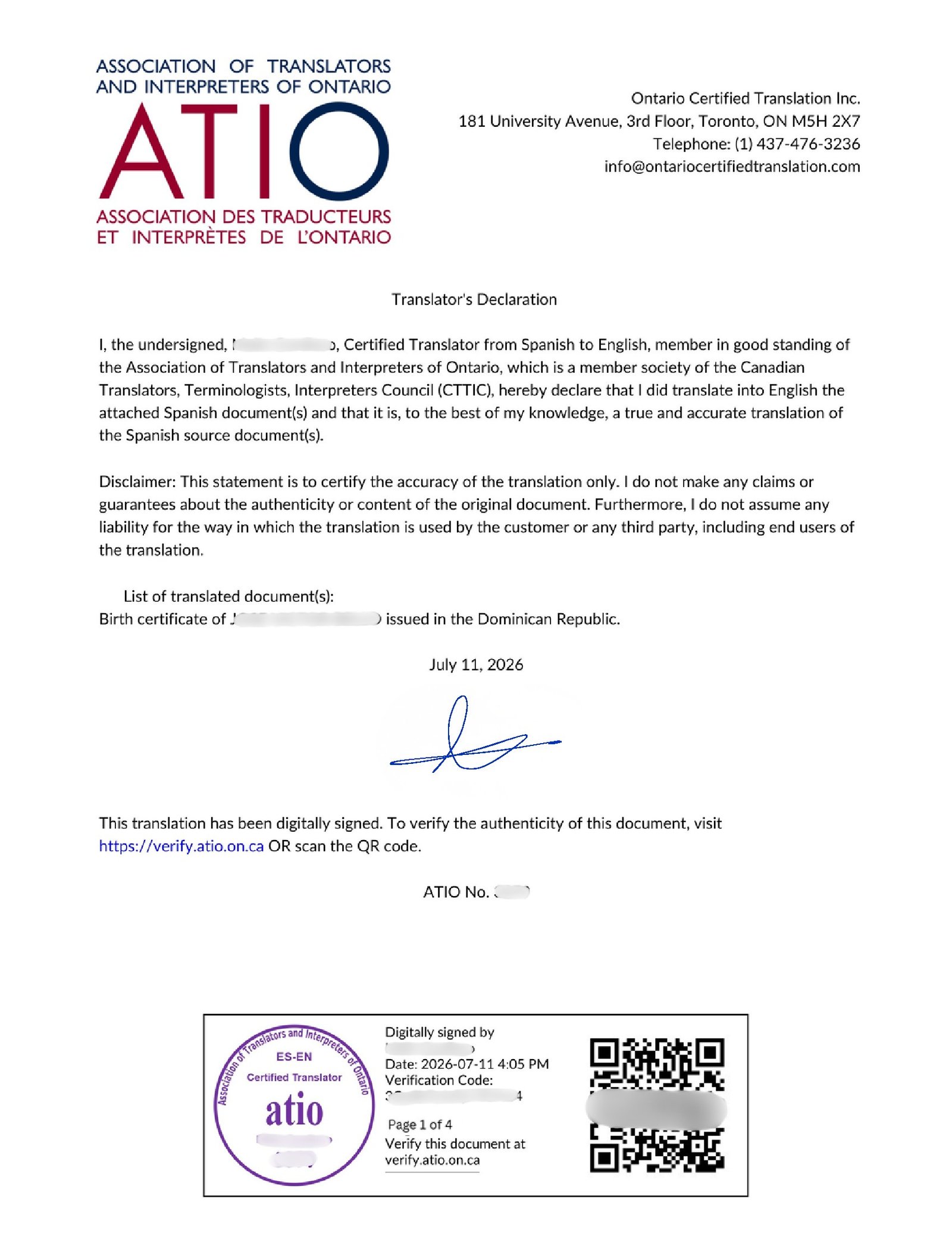 ATIO certified translation sample — page 1